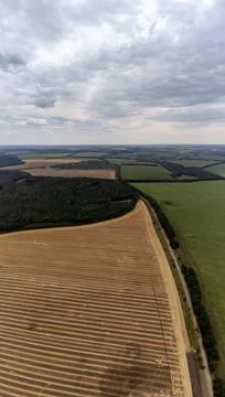 Vertical aerial golden field under cloudy sky Stockfoto's