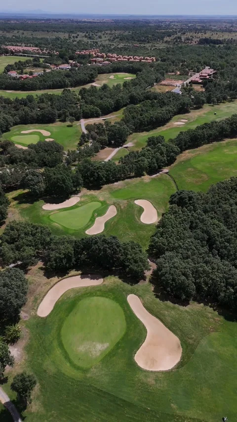Vertical Aerial Golf Course Fairways Pine Forest Leon Spain 動画素材 338184725
