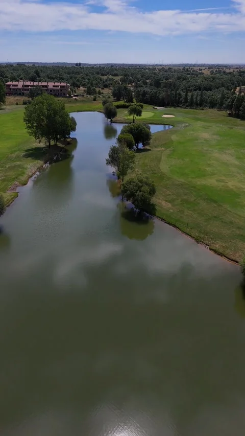 Vertical Aerial Golf Course Pond Clubhouse Leon Spain Stock Footage 338184727