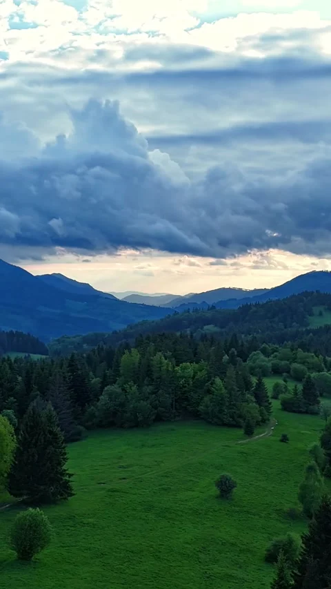 Vertical Aerial hyperlapse of dark clouds over a spring forest with a green Видео 311501874