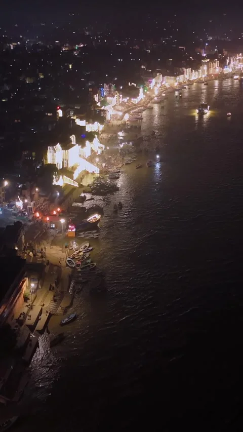 Vertical Aerial Night View of Dev Deepawali Festival at Varanasi Ghats India Stock Footage 335006245