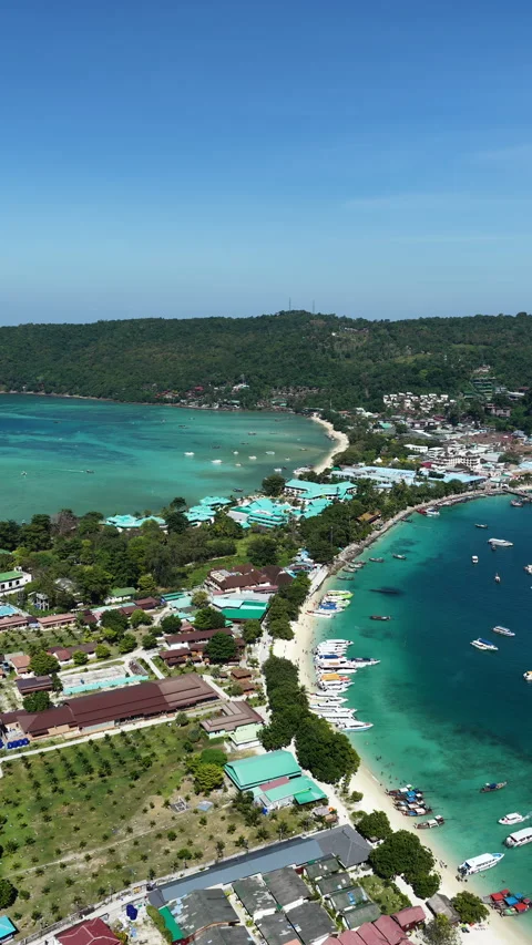 Vertical Aerial of Phi Phi Don Coastline and Turquoise Bays Stock Footage 341493129