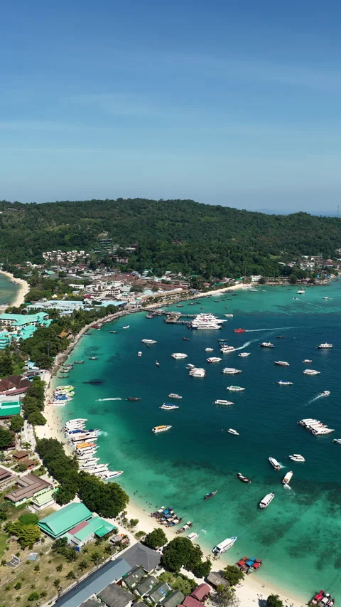 Vertical Aerial of Phi Phi Don Harbor and Boats Stock Footage 341494115
