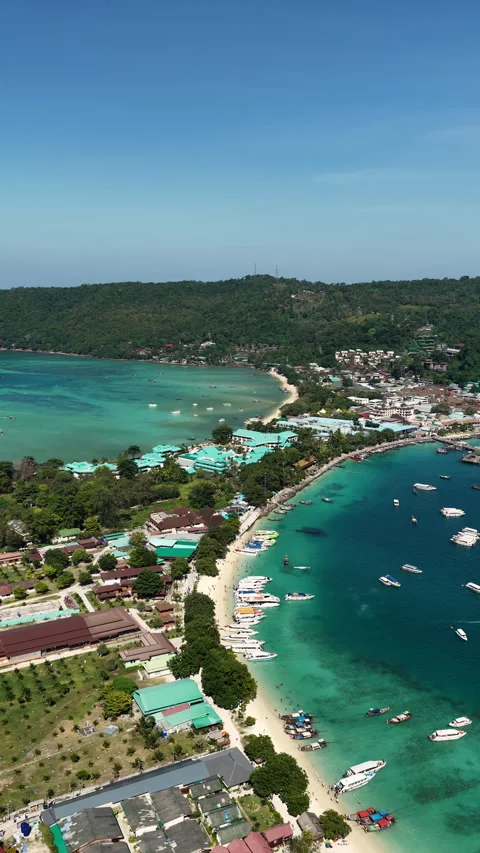 Vertical Aerial of Phi Phi Don Shoreline and Beaches Stock Footage 341497558