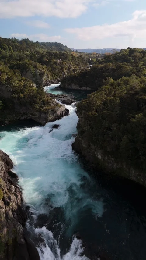 Vertical Aerial Powerful Whitewater Rapids Aratiatia Waikato River New Zealand Vídeo Stock 335508286