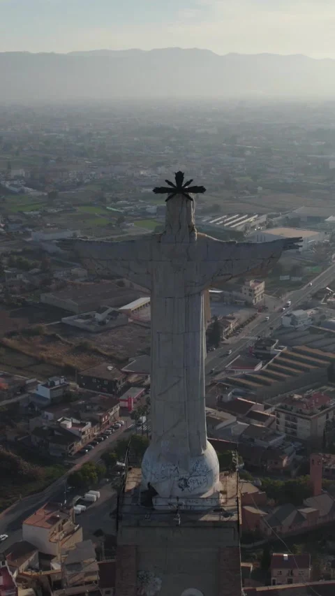 Vertical Aerial Pullback: Christ of Monteagudo on Castle, Murcia Stock Footage 331748552