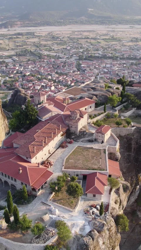 Vertical Aerial Rooftop View of Holy Trinity Monastery, Meteora Greece Stock Footage 323148241