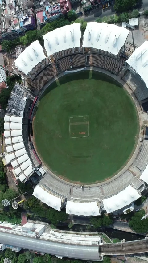 Vertical Aerial Shot of Empty Chepauk Stadium During COVID-19 Lockdown Stock Footage 330938942