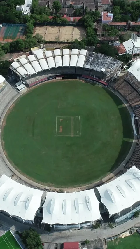 Vertical Aerial Shot of Empty Chepauk Stadium During COVID-19 Lockdown Stock Footage 330938945