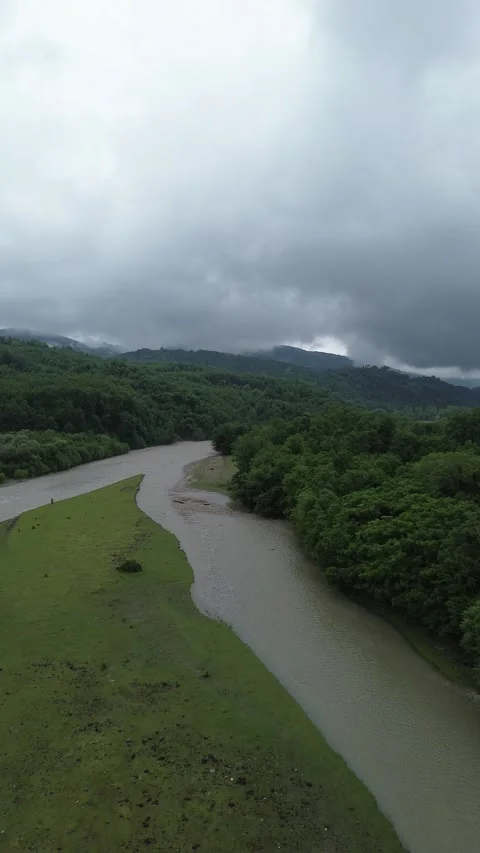 Vertical Aerial Shot, Tekhuri River After Rain, Martvili, Georgia Stock Footage 343474081