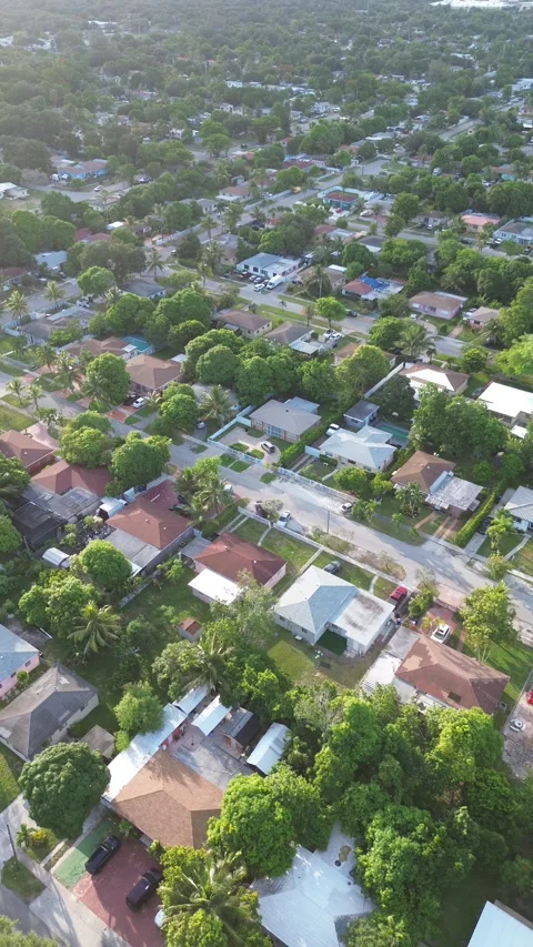 Vertical Aerial Sideways Flight Over Miami Neighborhood, Golden Hour Stock Footage 343324469