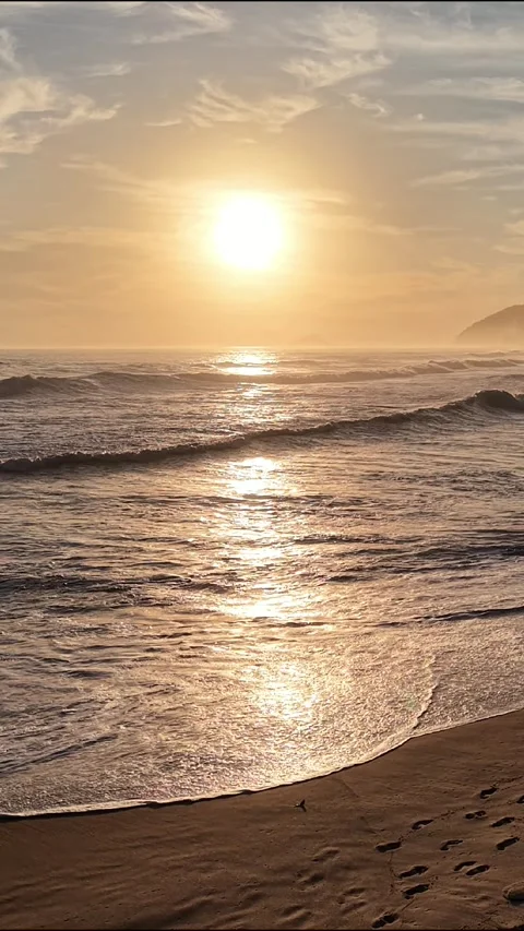 Vertical Aerial Sunrise Waves Rolling onto Sandy Beach Vídeo Stock 340530584
