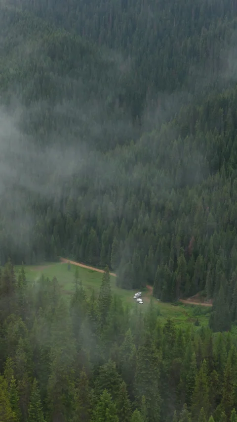Vertical aerial through low clouds of RVs camped in Saint Joe National Forest 動画素材 335965664