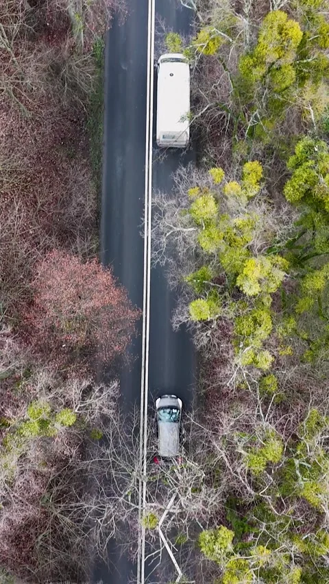 Vertical Aerial Top Down View of Heavy Traffic on Country Road Through Forest Video stock 323875678