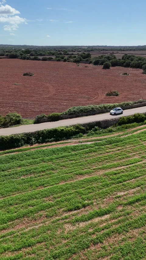 Vertical aerial tracking of a car driving in a rural Mediterranean landscape. Stock Footage 327670534