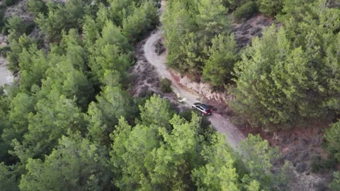 Vertical aerial tracking of a car driving on a forest road. Stock Footage 327675268