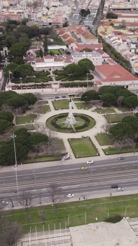 Vertical Aerial View of Afonso de Albuquerque Garden in Lisbon Stock Footage 346776604