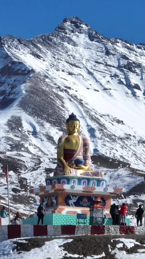 Vertical Aerial View of Buddha Statue at Langza Village Spiti Valley Stock Footage 335115532