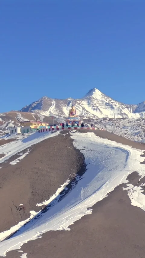 Vertical Aerial View of Buddha Statue at Langza Village Spiti Valley Stock Footage 335115598