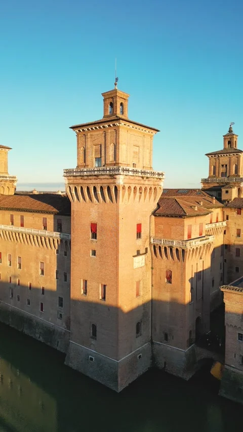 Vertical aerial view of Castello Estense and moat in Ferrara, Italy Stock Footage 335145336