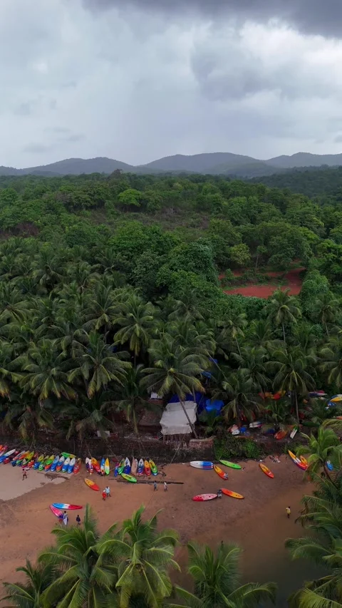 Vertical Aerial View of Cola Beach and Emerald Lagoon in South Goa Stock Footage 344094781