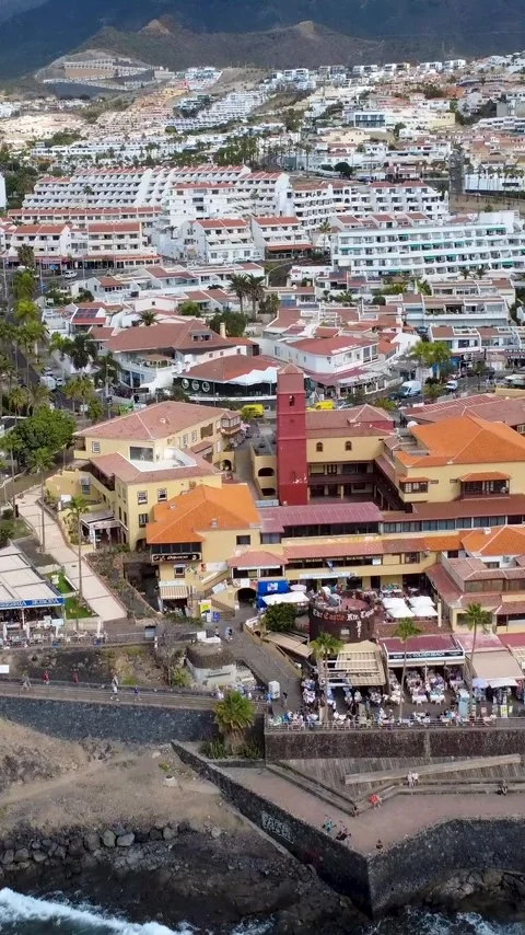 Vertical Aerial View of Costa Adeje Beach and Hotels in Tenerife Stock Footage 344851051