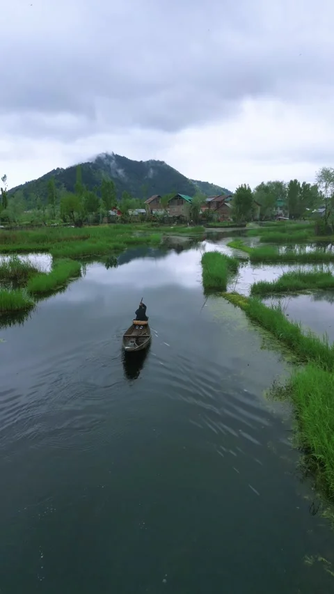 Vertical aerial view of Dal Lake’s intimate boat routes. Stock Footage 310806632