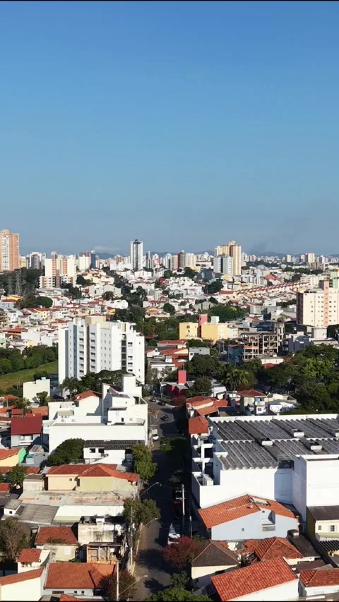 Vertical Aerial View of Dense Urban Neighborhood and Skyline Vídeo Stock 340536561