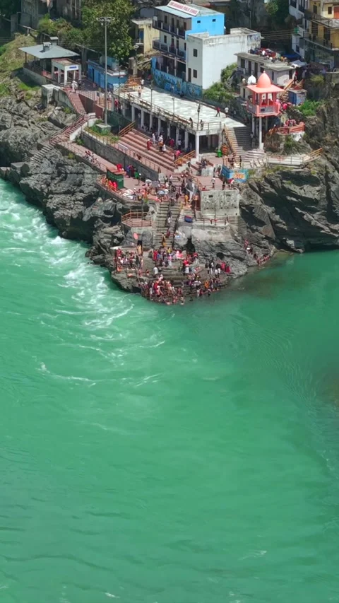 Vertical Aerial View of Devprayag Sangam Uttarakhand India Stock Footage 335000713