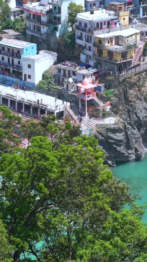 Vertical Aerial View of Devprayag Sangam Uttarakhand India Stock Footage 335000730