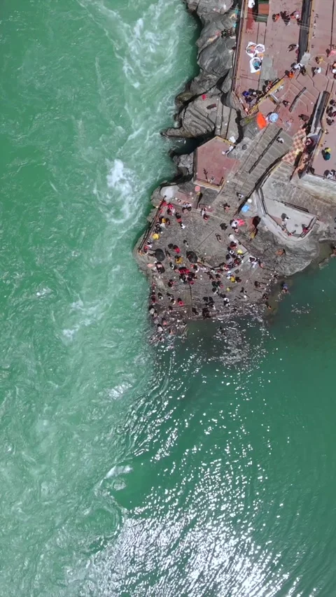 Vertical Aerial View of Devprayag Sangam Uttarakhand India Stock Footage 335000881