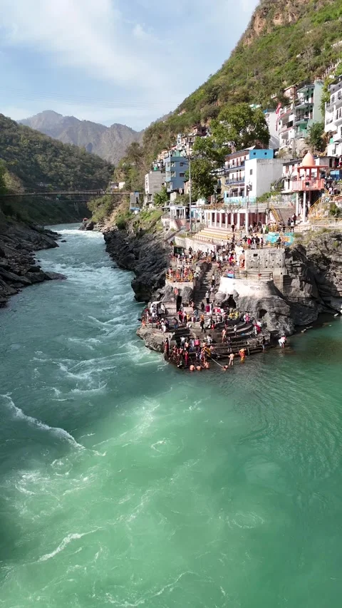 Vertical Aerial View of Devprayag Sangam Uttarakhand India Stock Footage 335009395