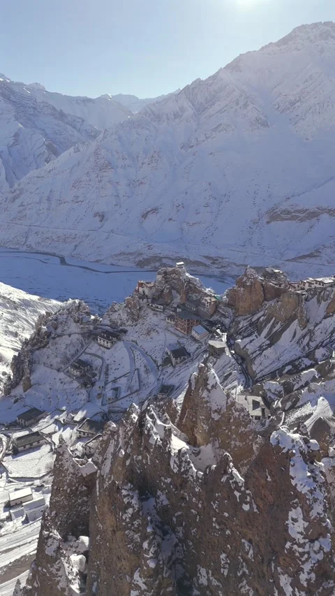 Vertical Aerial View of Dhankar Monastery in Spiti Valley Stock Footage 334701869