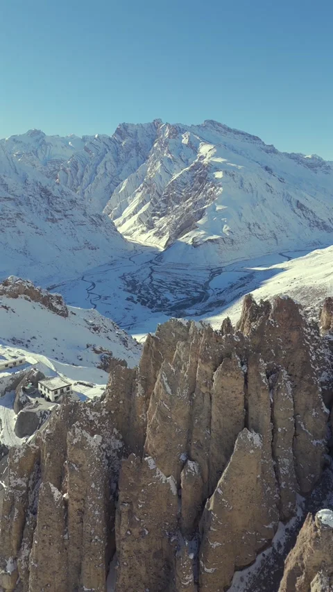 Vertical Aerial View of Dhankar Monastery in Spiti Valley Stock Footage 334701894