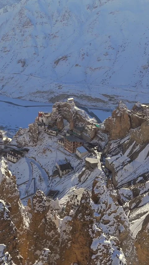 Vertical Aerial View of Dhankar Monastery Spiti Valley Himachal Pradesh Stock-Footage 335115366