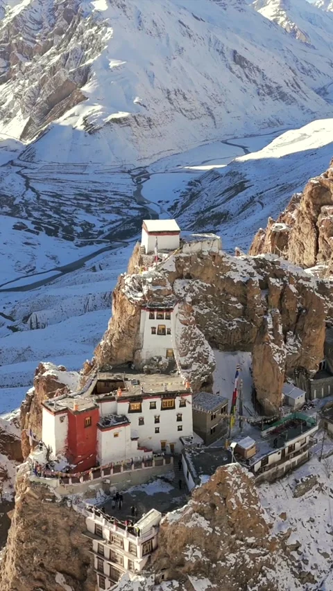 Vertical Aerial View of Dhankar Monastery Spiti Valley Himachal Pradesh Stock Footage 335115385