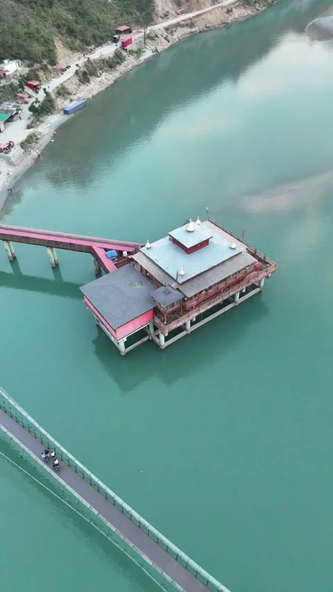 Vertical Aerial View of Dhari Devi Temple on Alaknanda River Uttarakhand Stock-Footage 335009578