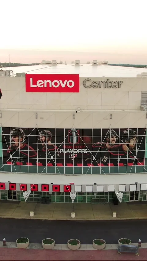 Vertical Aerial View Dolly Shot of Lenovo Center Arena Entrance in Raleigh Stock Footage 335549786