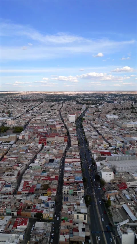 Vertical aerial view of downtown streets and a long avenue in Mexico Stock Footage 342089752