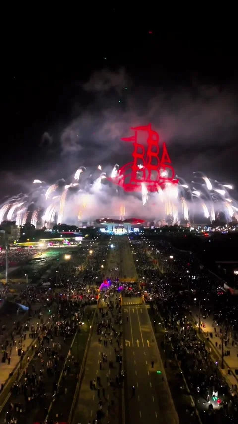Vertical - Aerial View of Drone Ship Formation and Fireworks in China Stock Footage 331760214