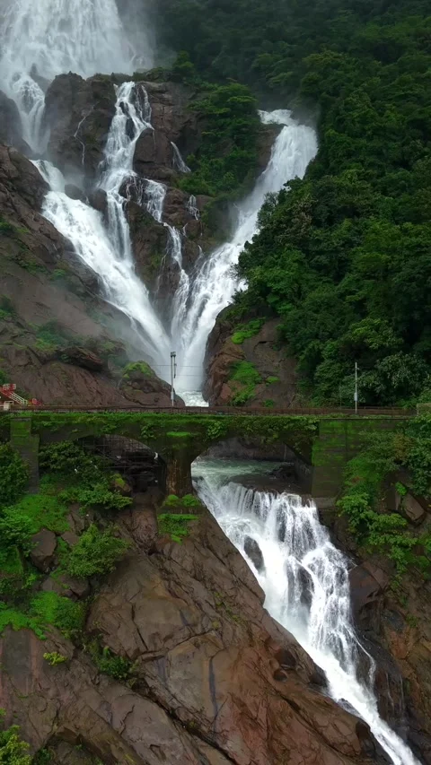 Vertical Aerial View of Dudhsagar Waterfall Surrounded by Lush Forest in Goa Stock Footage 344273146
