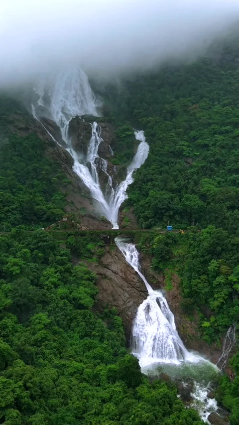 Vertical Aerial View of Dudhsagar Waterfall Surrounded by Lush Forest in Goa Stock Footage 344273186