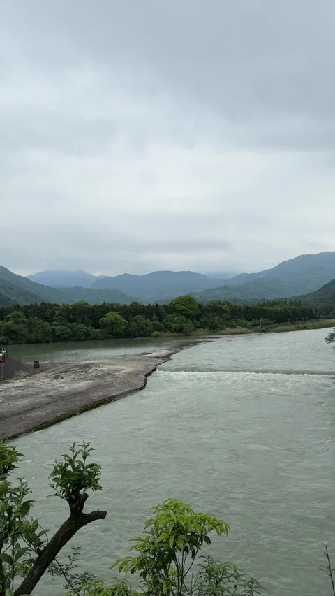 Vertical Aerial View Of Dujiangyan Fish Mouth Dam Video stock 334843452