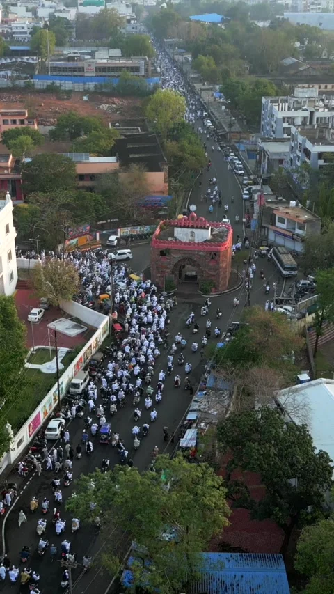 Vertical Aerial View of Eid Procession Near Taj-ul-Masajid, Bhopal Stock Footage 341398988