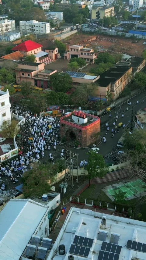 Vertical Aerial View of Eid Procession Near Taj-ul-Masajid, Bhopal Stock Footage 341399134