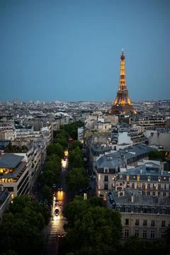 Vertical aerial view of the glowing Eiffel Tower over the skyline of Paris, Fran Foto stock
