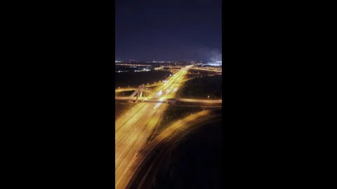 Vertical Aerial View of Highway Interchange at Night in Gliwice Stock Footage 345723030