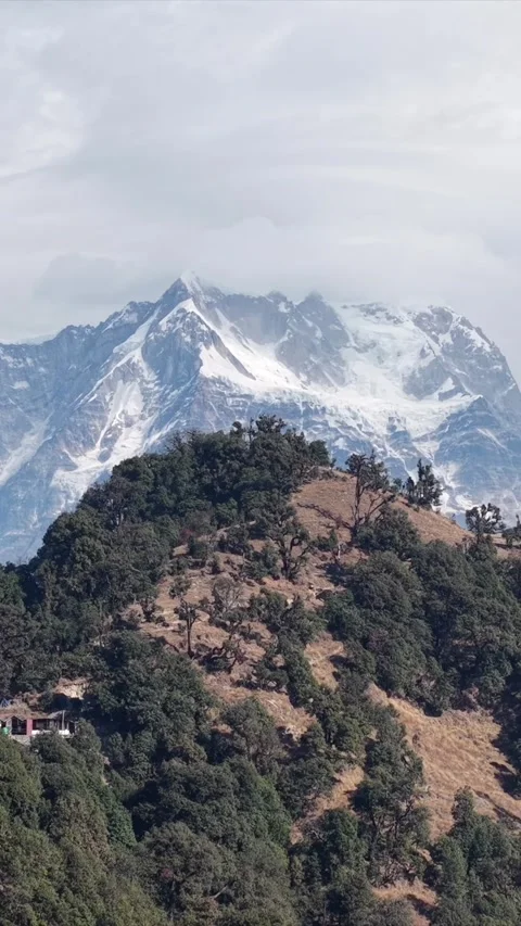 Vertical Aerial View of Himalayan Mountain Deoria Tal Uttarakhand Video stock 336843731