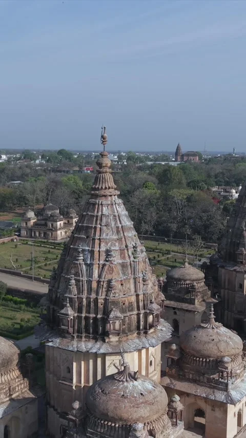 Vertical Aerial View of Historic Temples in Orchha, Madhya Pradesh Stock Footage 343535595