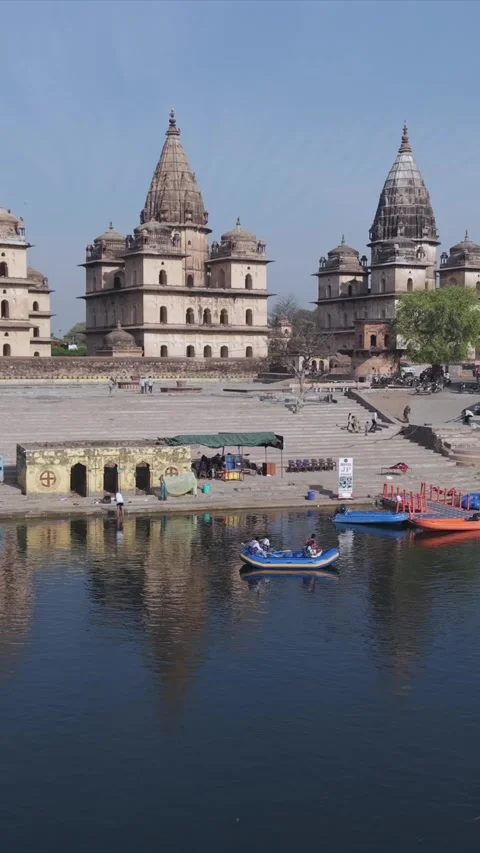 Vertical Aerial View of Historic Temples in Orchha, Madhya Pradesh Stock Footage 343709586